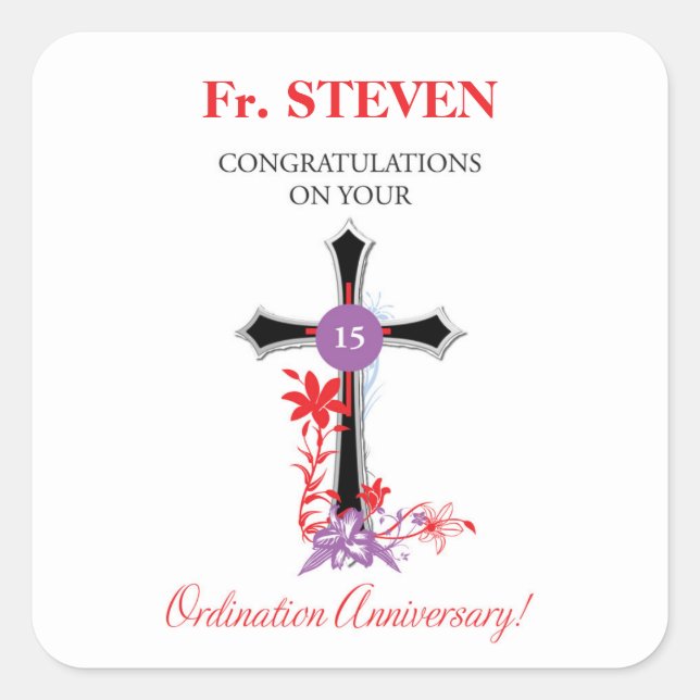 Priest 15th Ordination Anniversary Black Cross Square Sticker (Front)