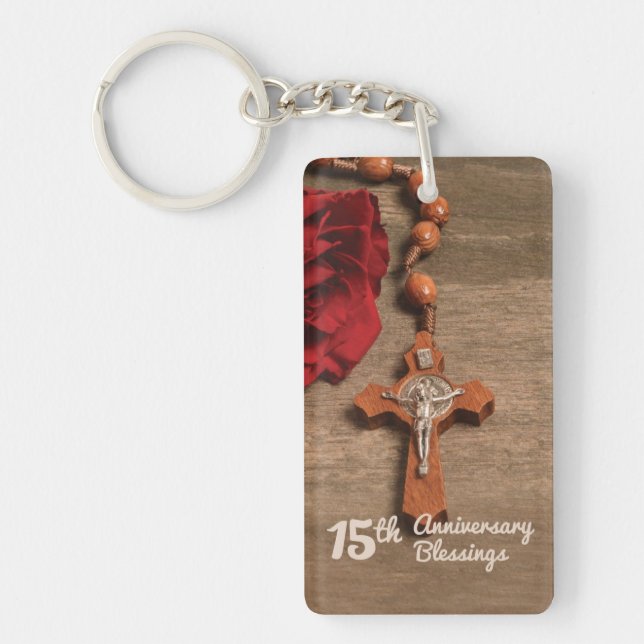 Priest 15th Ordination Anniversary Rose and Rosary Key Ring (Front)