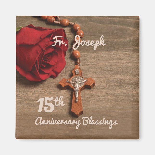 Priest 15th Ordination Anniversary Rose and Rosary Magnet (Front)