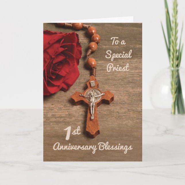 Priest 1st Ordination Anniversary Rose & Rosary Card (Front)