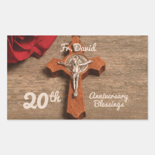 Priest 20th Ordination Anniversary Rose and Rosary Rectangular Sticker