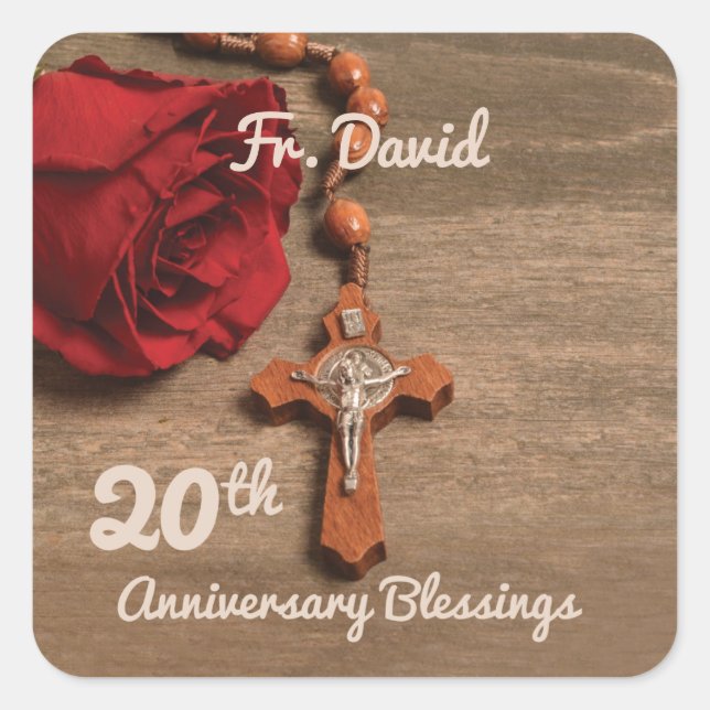 Priest 20th Ordination Anniversary Rose and Rosary Square Sticker (Front)