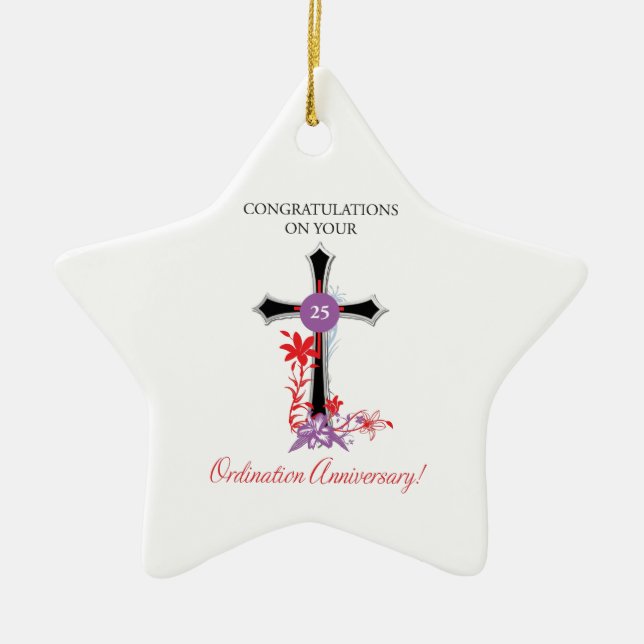 Priest 25th Ordination Anniversary Black Cross Ceramic Tree Decoration (Front)