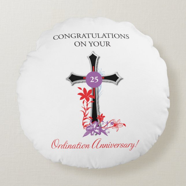 Priest 25th Ordination Anniversary Black Cross Round Cushion (Front)