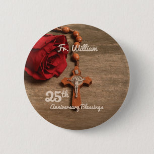 Priest 25th Ordination Anniversary Rose and Rosary 6 Cm Round Badge