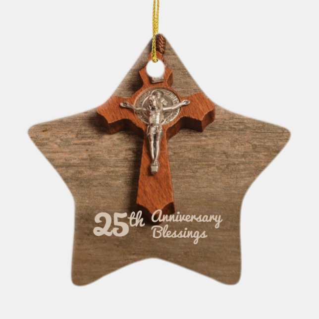 Priest 25th Ordination Anniversary Rose and Rosary Ceramic Tree Decoration (Front)