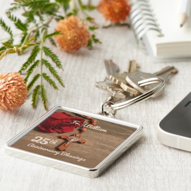 Priest 25th Ordination Anniversary Rose and Rosary Key Ring (Side)