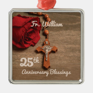 Priest 25th Ordination Anniversary Rose and Rosary Metal Tree Decoration