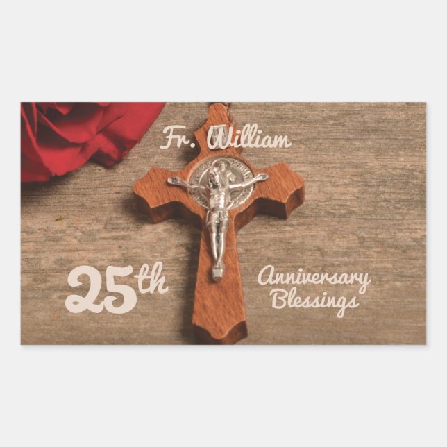 Priest 25th Ordination Anniversary Rose and Rosary Rectangular Sticker (Front)