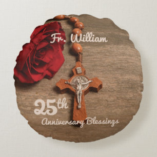 Priest 25th Ordination Anniversary Rose and Rosary Round Cushion