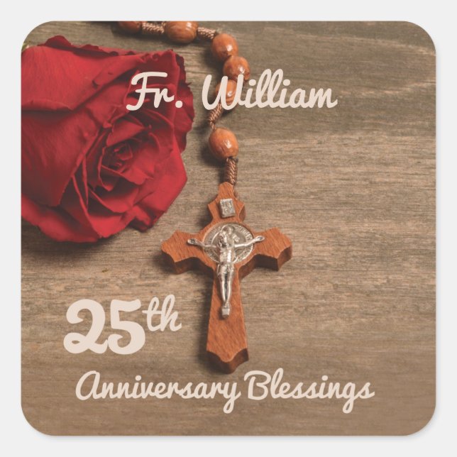 Priest 25th Ordination Anniversary Rose and Rosary Square Sticker (Front)