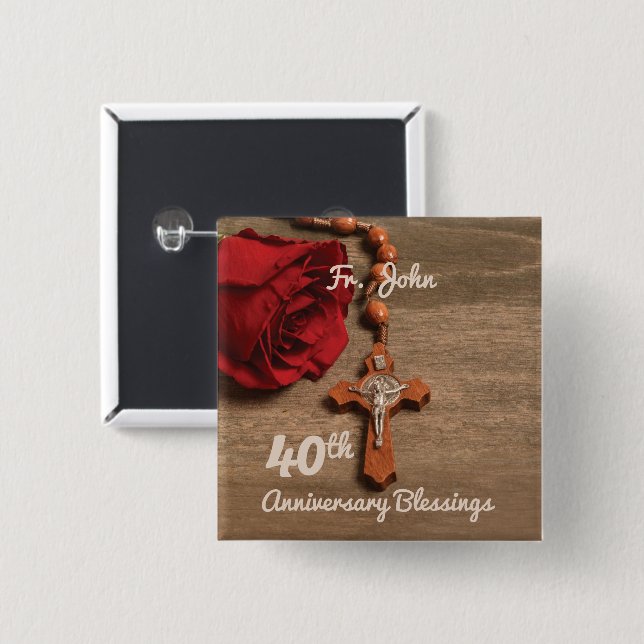 Priest 40th Ordination Anniversary Rose and Rosary 15 Cm Square Badge (Front & Back)