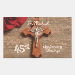 Priest 45th Ordination Anniversary Rose and Rosary Rectangular Sticker