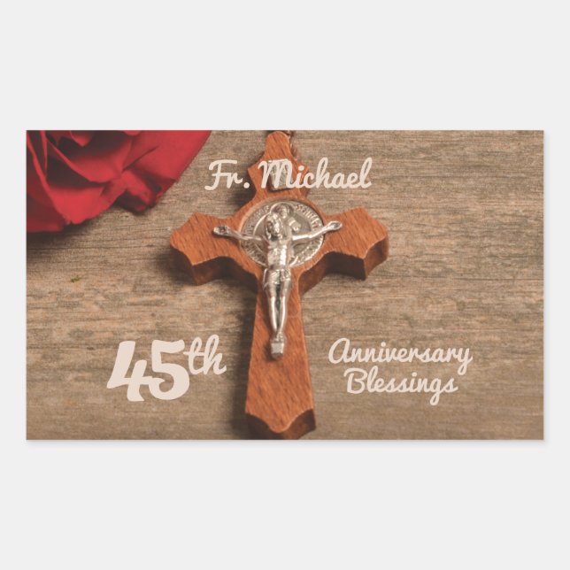 Priest 45th Ordination Anniversary Rose and Rosary Rectangular Sticker (Front)