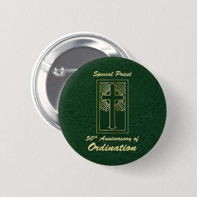 Priest 50th Anniversary of Ordination Leather Look 6 Cm Round Badge (Front & Back)