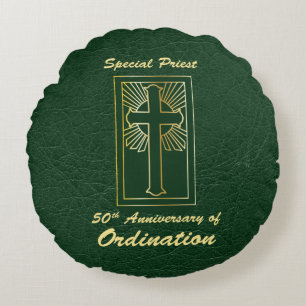 Priest 50th Anniversary of Ordination Leather Look Round Cushion