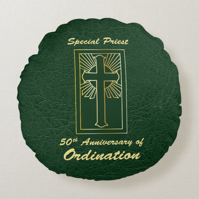 Priest 50th Anniversary of Ordination Leather Look Round Cushion (Front)