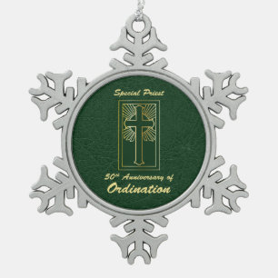 Priest 50th Anniversary of Ordination Leather Look Snowflake Pewter Christmas Ornament