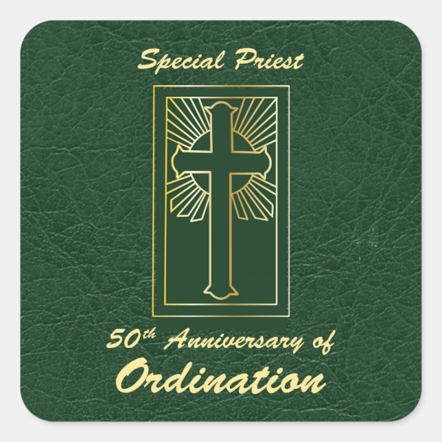 Priest 50th Anniversary of Ordination Leather Look Square Sticker (Front)