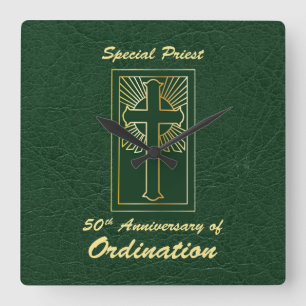 Priest 50th Anniversary of Ordination Leather Look Square Wall Clock