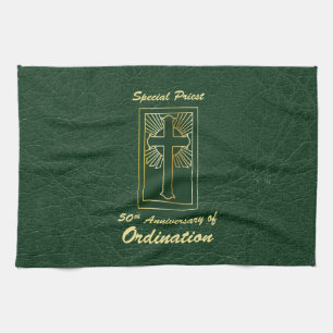 Priest 50th Anniversary of Ordination Leather Look Tea Towel