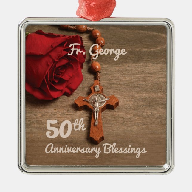 Priest 50th Ordination Anniversary Rose and Rosary Metal Tree Decoration (Front)