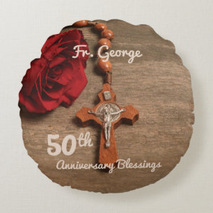 Priest 50th Ordination Anniversary Rose and Rosary Round Cushion