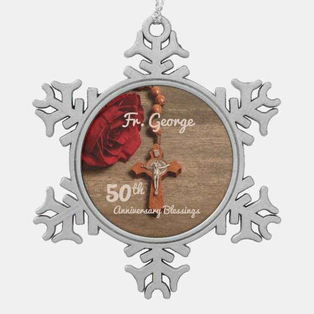 Priest 50th Ordination Anniversary Rose and Rosary Snowflake Pewter Christmas Ornament (Front)