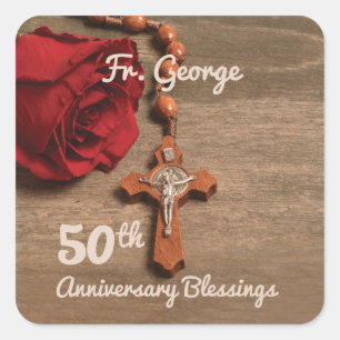 Priest 50th Ordination Anniversary Rose and Rosary Square Sticker