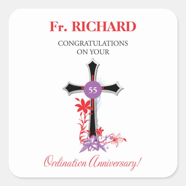 Priest 55th Ordination Anniversary Black Cross Square Sticker (Front)