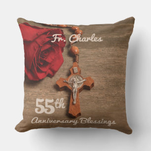 Priest 55th Ordination Anniversary Rose and Rosary Cushion