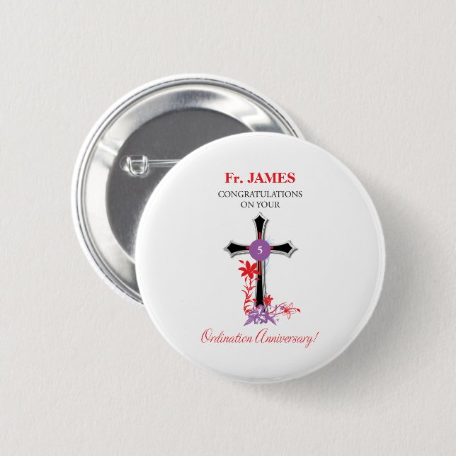 Priest 5th Ordination Anniversary Black Cross 6 Cm Round Badge (Front & Back)