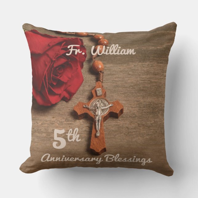 Priest 5th Ordination Anniversary Rose and Rosary Cushion (Front)