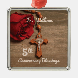 Priest 5th Ordination Anniversary Rose and Rosary Metal Tree Decoration