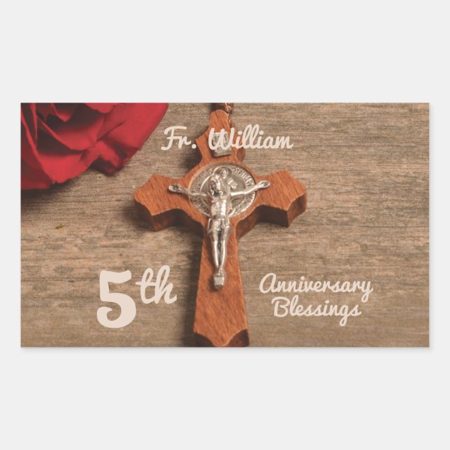Priest 5th Ordination Anniversary Rose and Rosary Rectangular Sticker (Front)