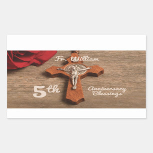 Priest 5th Ordination Anniversary Rose and Rosary Rectangular Sticker