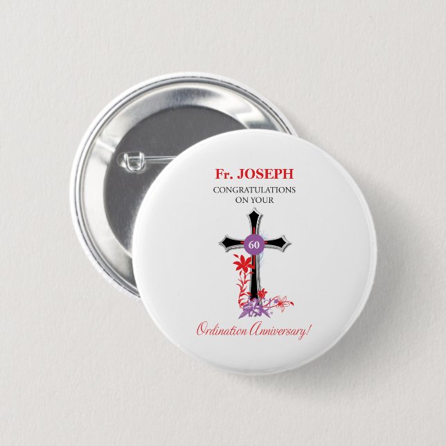 Priest 60th Ordination Anniversary Black Cross 6 Cm Round Badge (Front & Back)