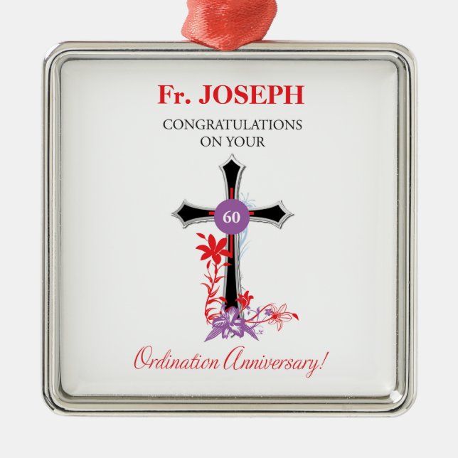 Priest 60th Ordination Anniversary Black Cross Metal Tree Decoration (Front)