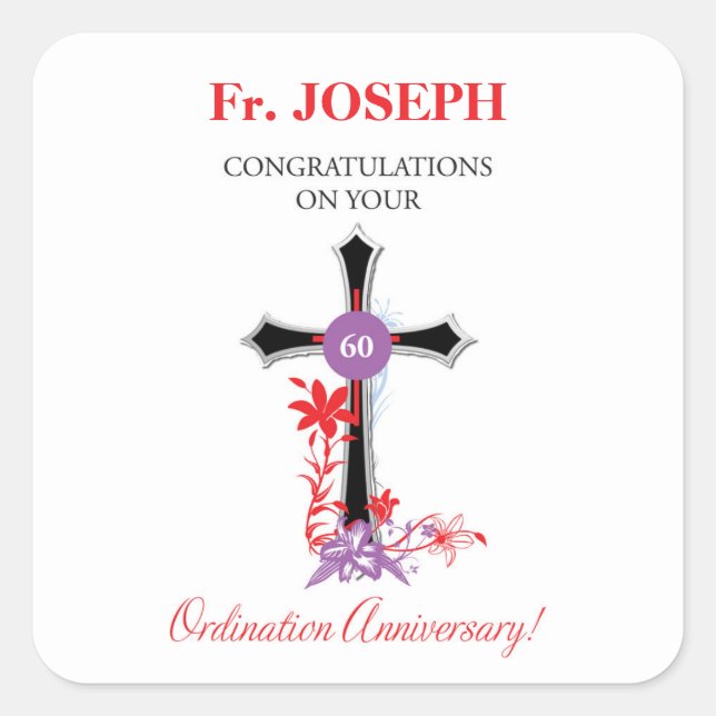 Priest 60th Ordination Anniversary Black Cross Square Sticker (Front)
