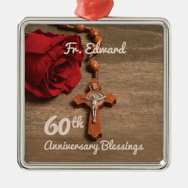 Priest 60th Ordination Anniversary Rose and Rosary Metal Tree Decoration (Front)
