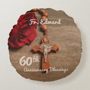 Priest 60th Ordination Anniversary Rose and Rosary Round Cushion