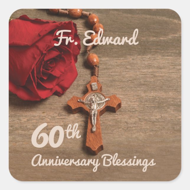 Priest 60th Ordination Anniversary Rose and Rosary Square Sticker (Front)