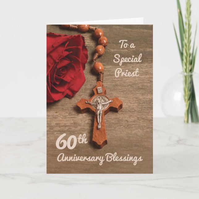 Priest 60th Ordination Anniversary Rose & Rosary Card (Front)