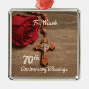 Priest 70th Ordination Anniversary Rose and Rosary Metal Tree Decoration