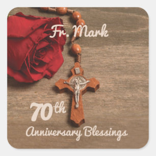 Priest 70th Ordination Anniversary Rose and Rosary Square Sticker