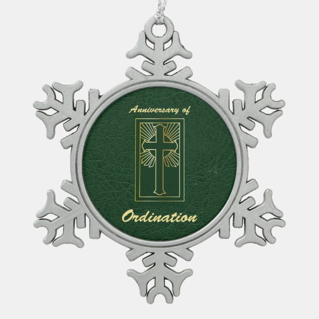 Priest Anniversary of Ordination Leather Look Snowflake Pewter Christmas Ornament (Front)
