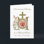 Priest Anniversary Ordination Virgin Mary Jesus Card<br><div class="desc">This is a beautiful traditional Catholic customised Marian Cross image with the Immaculate & Sacred Hearts of Jesus and Mary. The Blessed Virgin Mary with the Child Jesus on a gold Marian Cross with red and pink roses is on the inside with the holy rosary. All text and fonts may...</div>