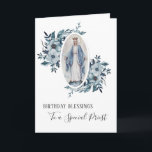 Priest Birthday | Blessed Virgin Mother Mary Card<br><div class="desc">This is a lovely traditional image of the Blessed Virgin Mother Mary holding a pink rose.  The blue floral sprays are on each side of her.  Text and fonts may be modified.</div>
