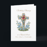Priest Birthday Blessings Celebration Virgin Mary  Card<br><div class="desc">This is a beautiful traditional Catholic customised image of the Immaculate Heart of Mary overlaid on a blue floral cross.  All text and fonts may be modified to suit the occasion and recipient.</div>