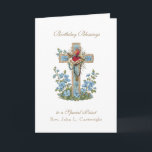 Priest Birthday Blessings Celebration Virgin Mary  Card<br><div class="desc">This is a beautiful traditional Catholic customised image of the Immaculate Heart of Mary overlaid on a blue floral cross.  All text and fonts may be modified to suit the occasion and recipient.</div>